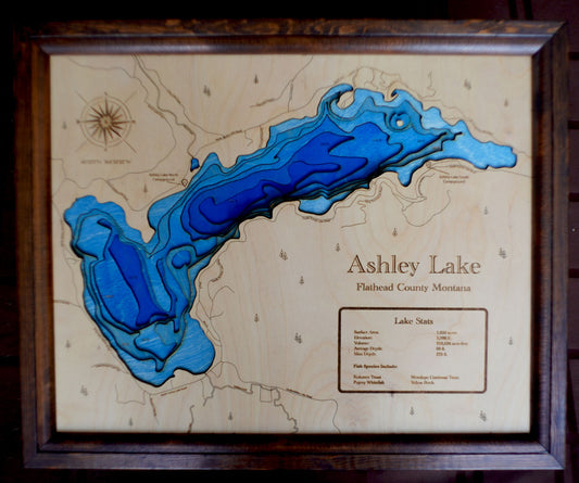 Wood Engraved Ashley Lake Depth Map - Flathead County Montana