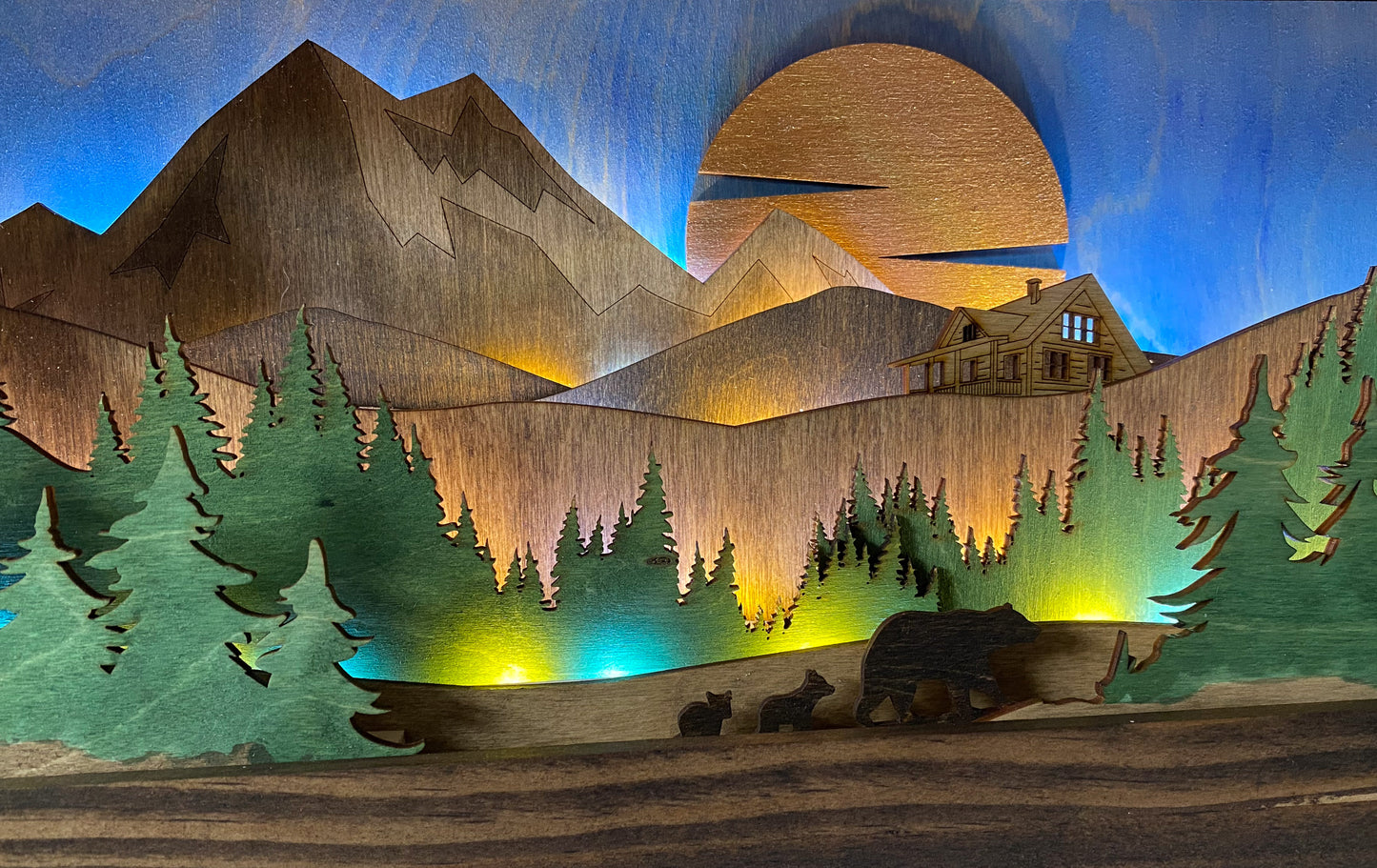 Cabin with Bears - Illuminated Shadowbox