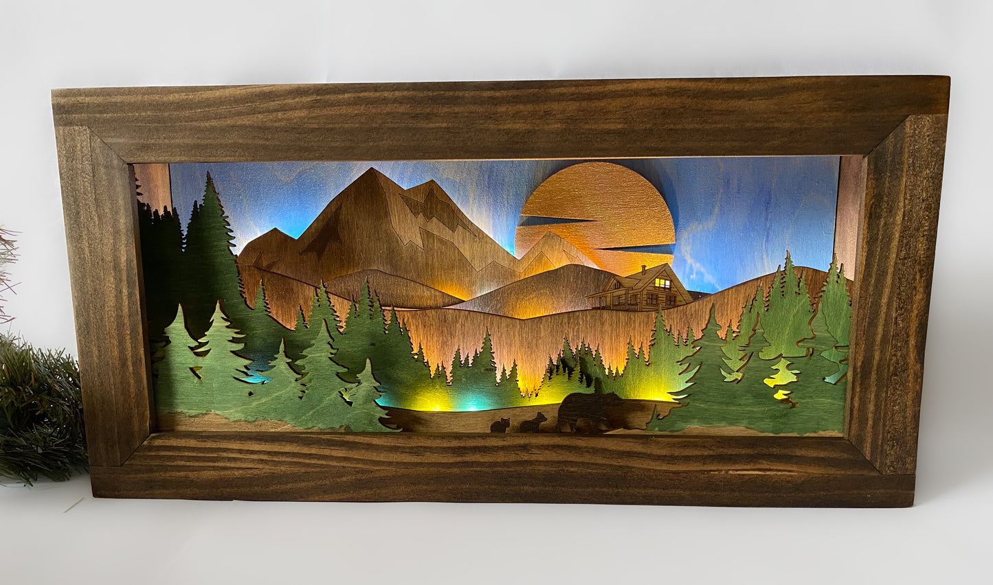 Cabin with Bears - Illuminated Shadowbox