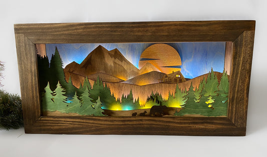 Cabin with Bears - Illuminated Shadowbox