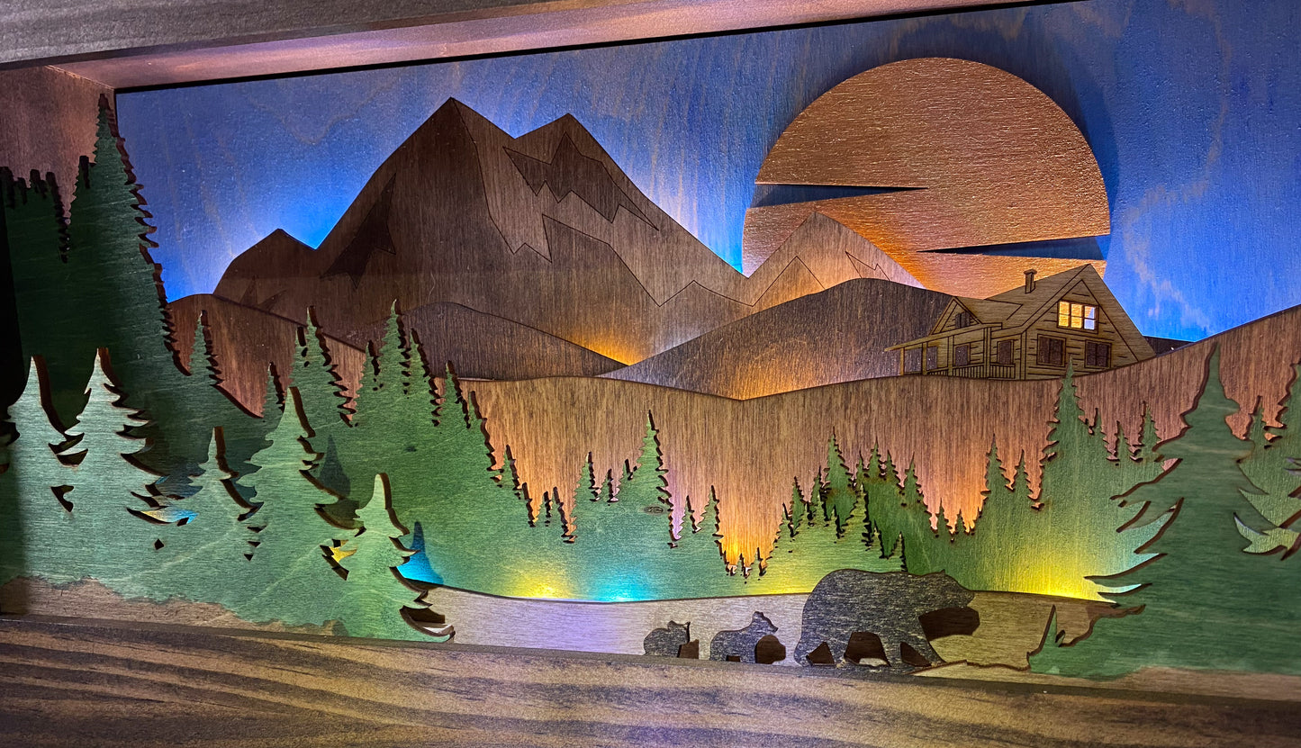 Cabin with Bears - Illuminated Shadowbox