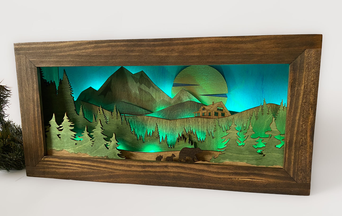 Cabin with Bears - Illuminated Shadowbox