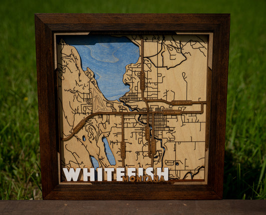 Wooden Carved "Downtown Whitefish Montana" street map 12" x 12"