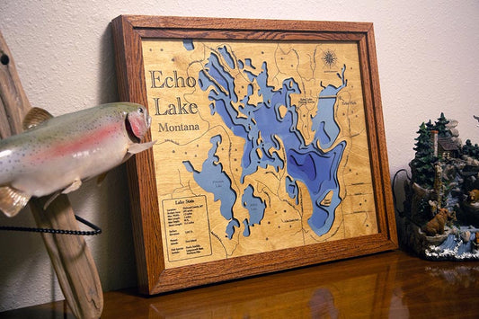 Engraved Wooden Echo Lake MT Depth Map -  Flathead Valley, Montana