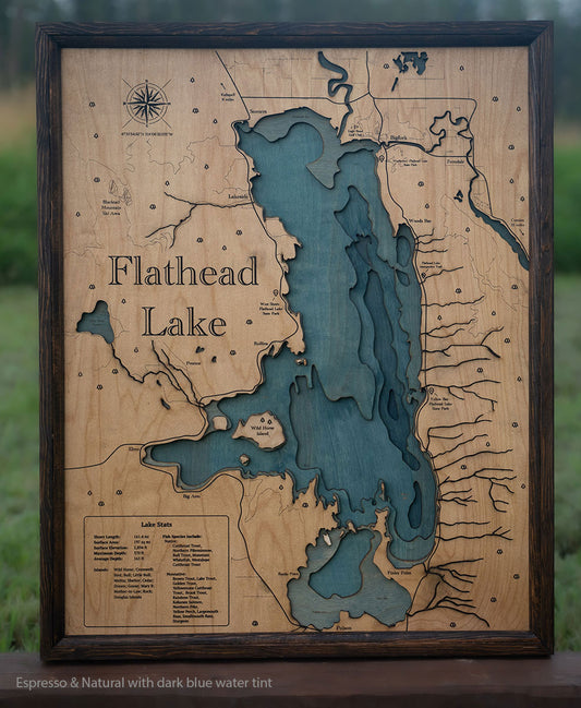 Engraved Wooden Flathead Lake Depth Map - Flathead Valley, Montana