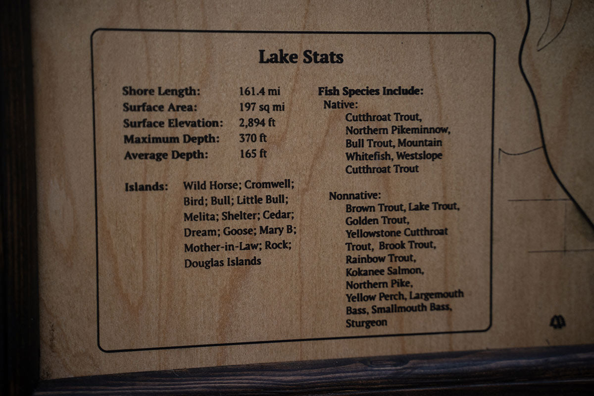 Engraved Wooden Flathead Lake Depth Map - Flathead Valley, Montana
