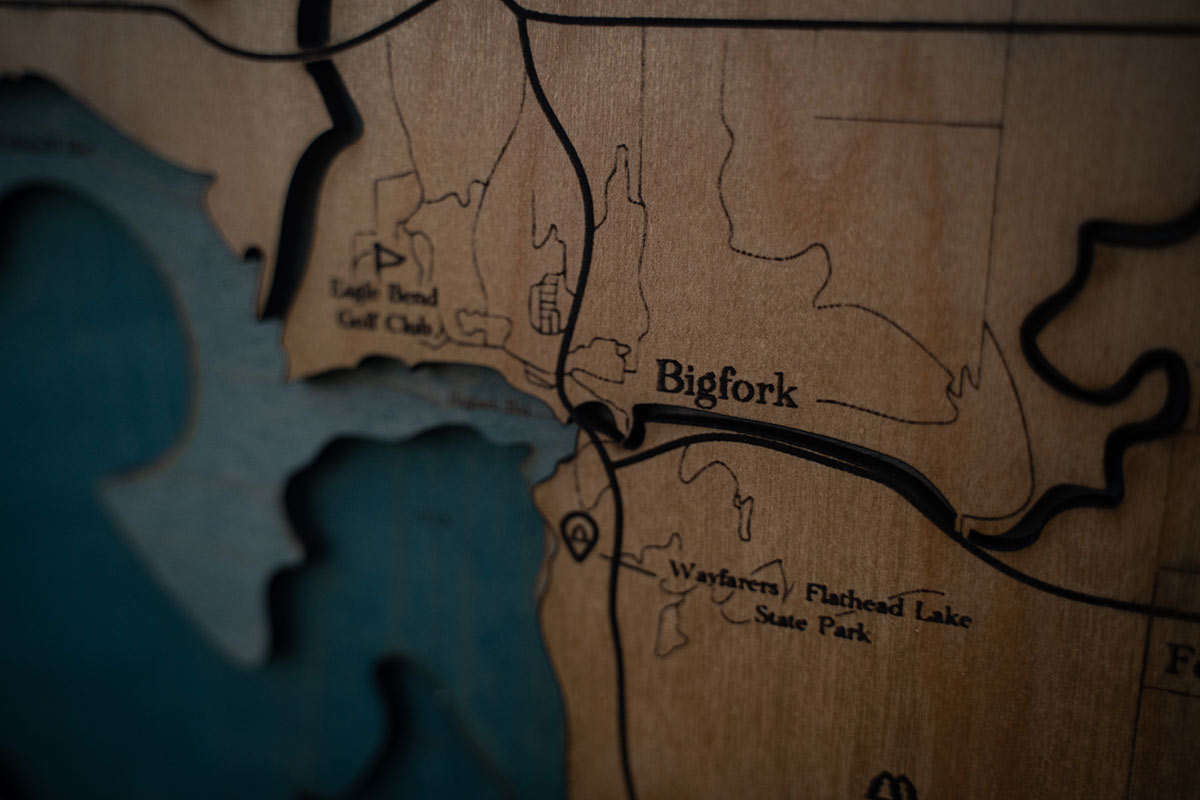 Engraved Wooden Flathead Lake Depth Map - Flathead Valley, Montana