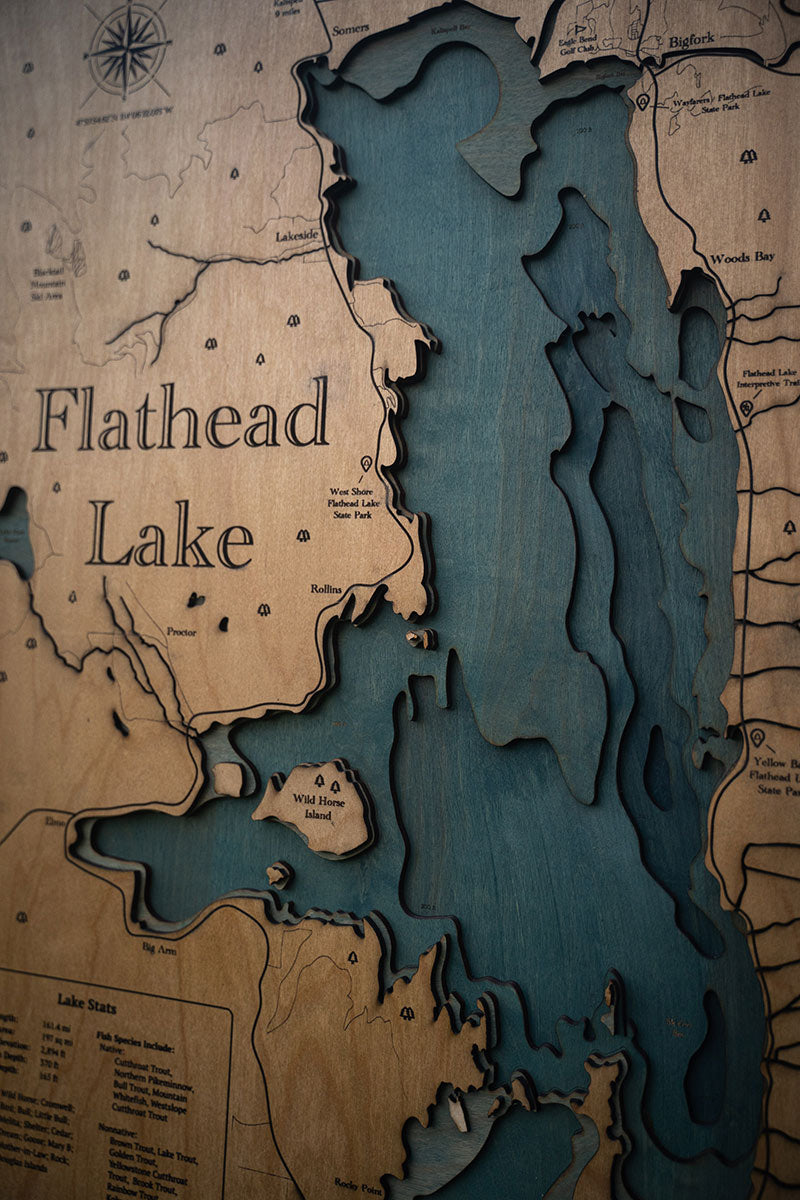 Engraved Wooden Flathead Lake Depth Map - Flathead Valley, Montana