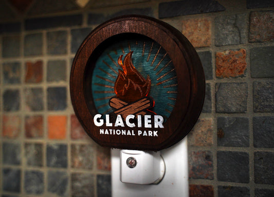 Glacier National Park Campfire - Wood-Carved Nightlight