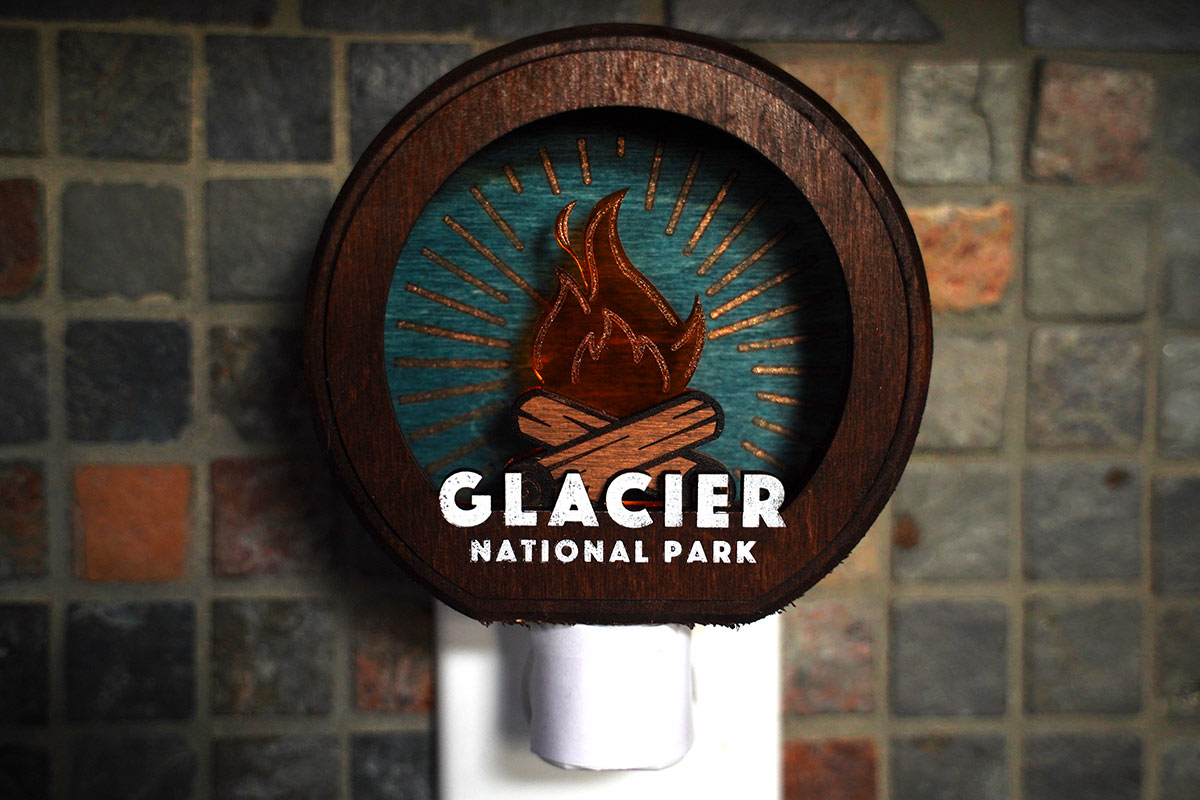 Glacier National Park Campfire - Wood-Carved Nightlight