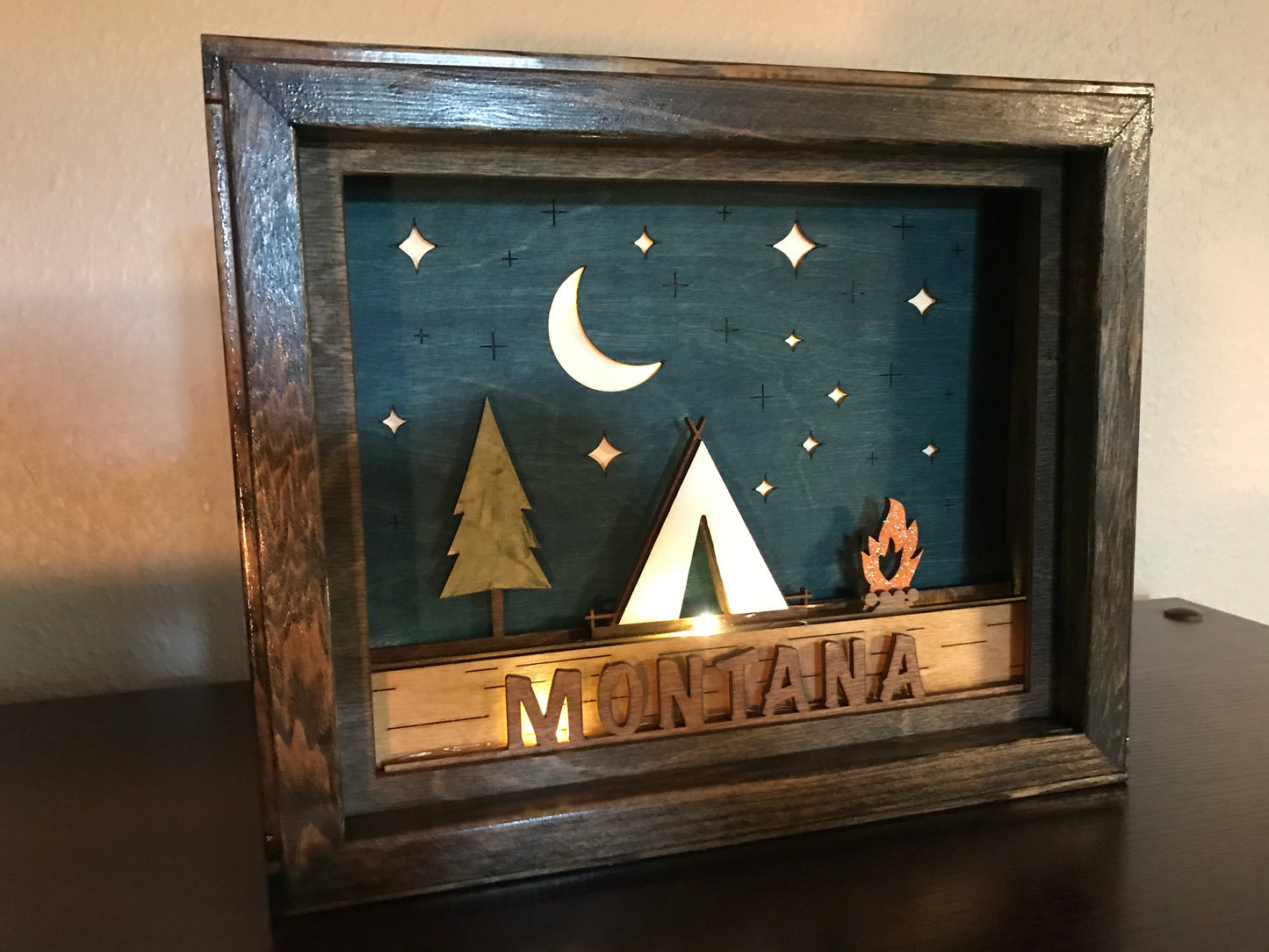 "Night Camp" Illuminated Shadow Box w/remote & timer