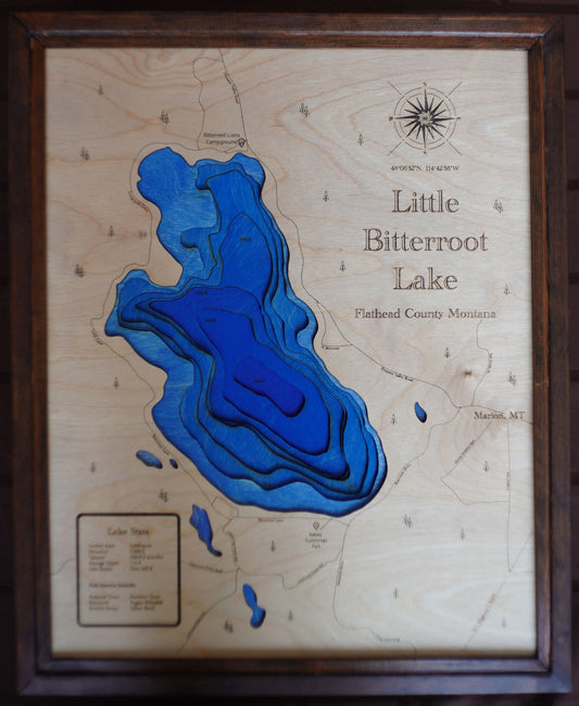 Wood Engraved Little Bitterroot Lake Depth Map - Flathead County Montana