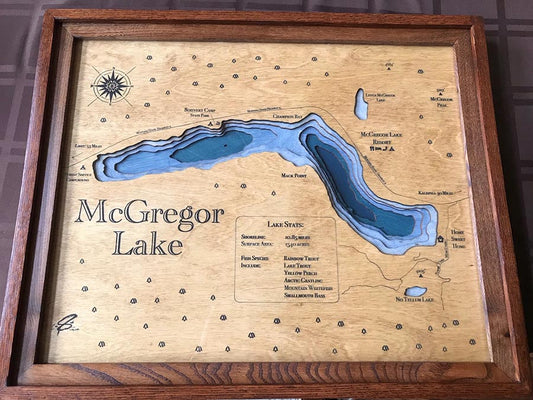 Engraved Wooden McGregor Lake MT Depth Map -  Northwest Montana