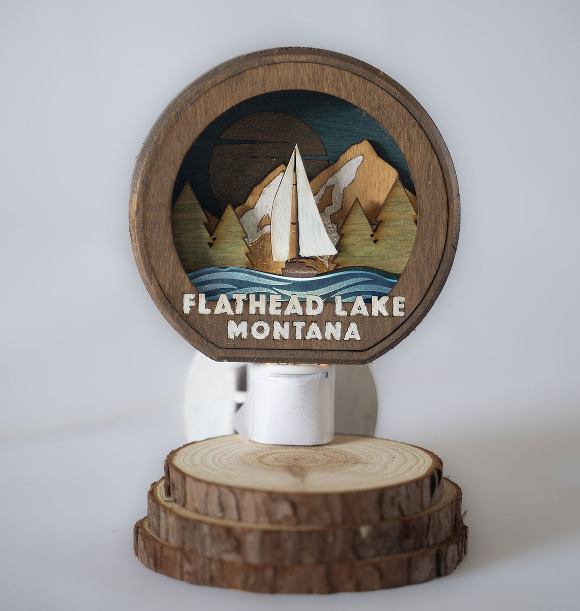 Mountain Lake Sailboat Wood-Carved Night-light