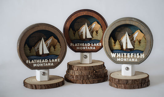 Mountain Lake Sailboat Wood-Carved Night-light
