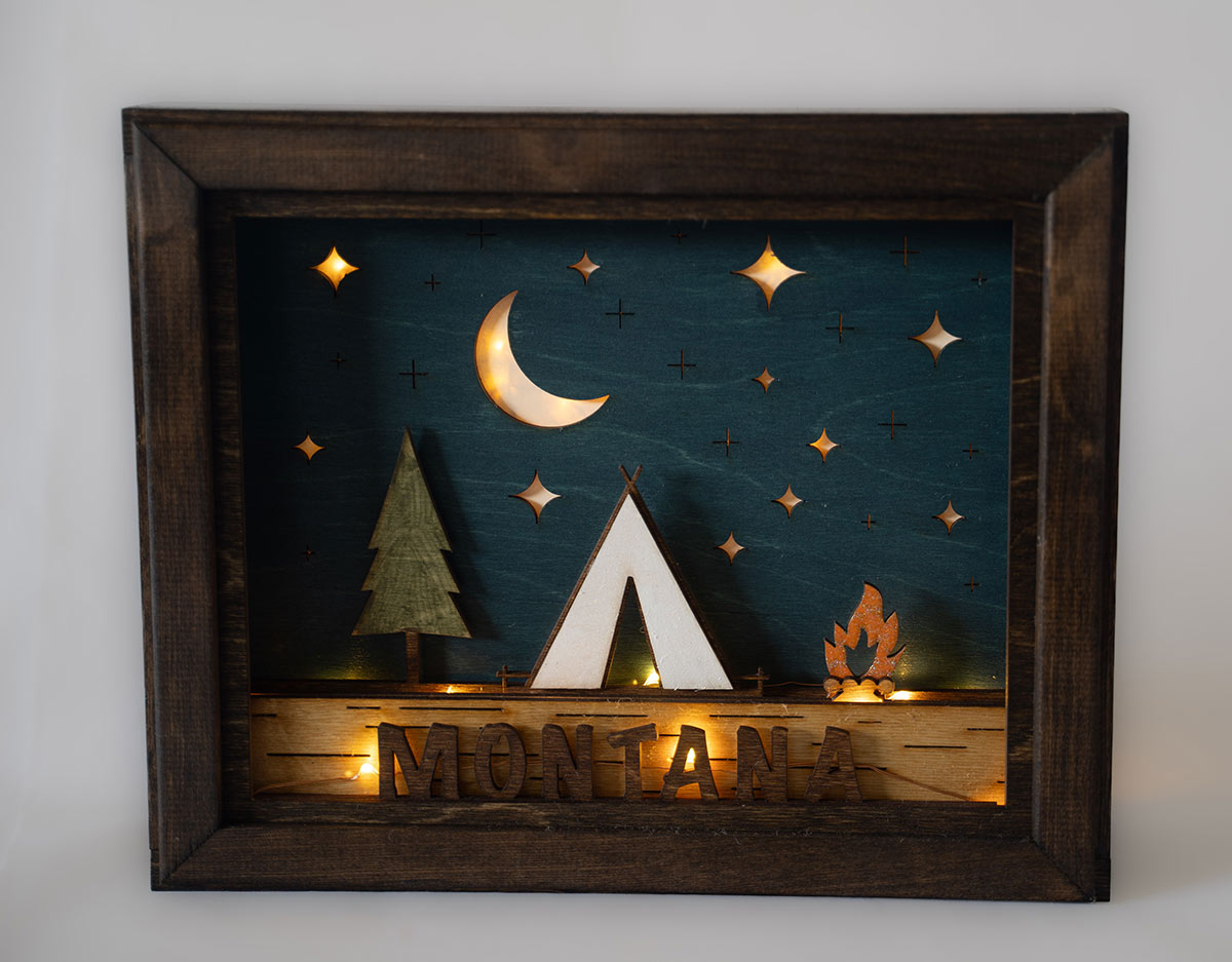 "Night Camp" Illuminated Shadow Box w/remote & timer