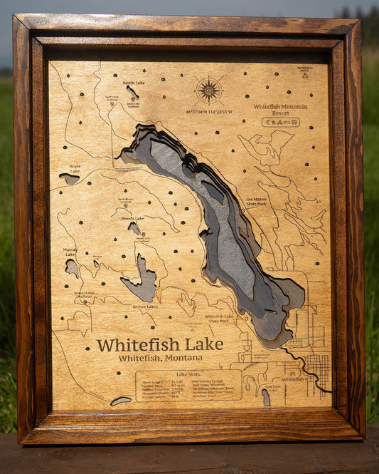 Engraved Wooden Whitefish Lake Depth Map - Whitefish, Montana