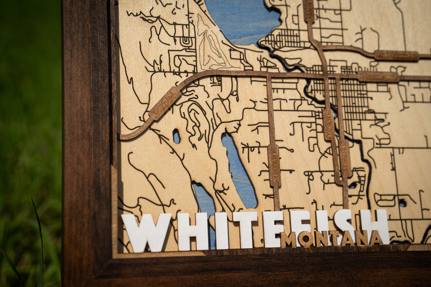 Wooden Carved "Downtown Whitefish Montana" street map 12" x 12"